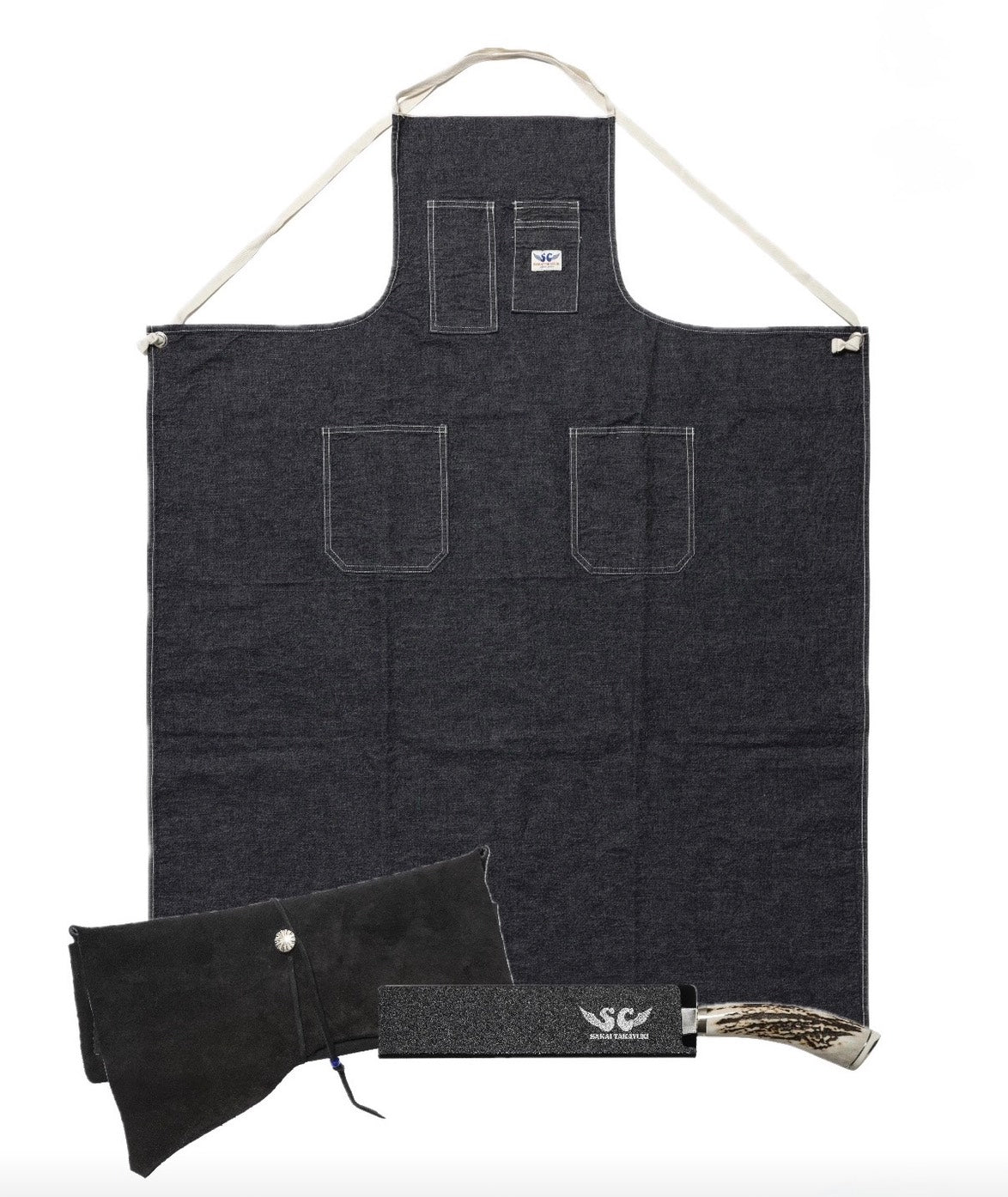 SAKAI TAKAYUKI × SUBCULTURE  Special collaboration 3点セット ・”SC Feather Damascus” ・”Special Deerskin Knife Case” ・”Selvedge Denim Apron”